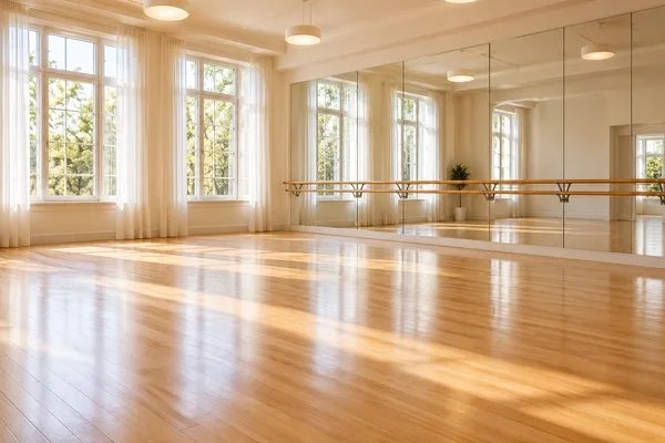 Empty dance studio with a wood floor, ballet barres, wall mirrors, and soft natural light from tall windows.